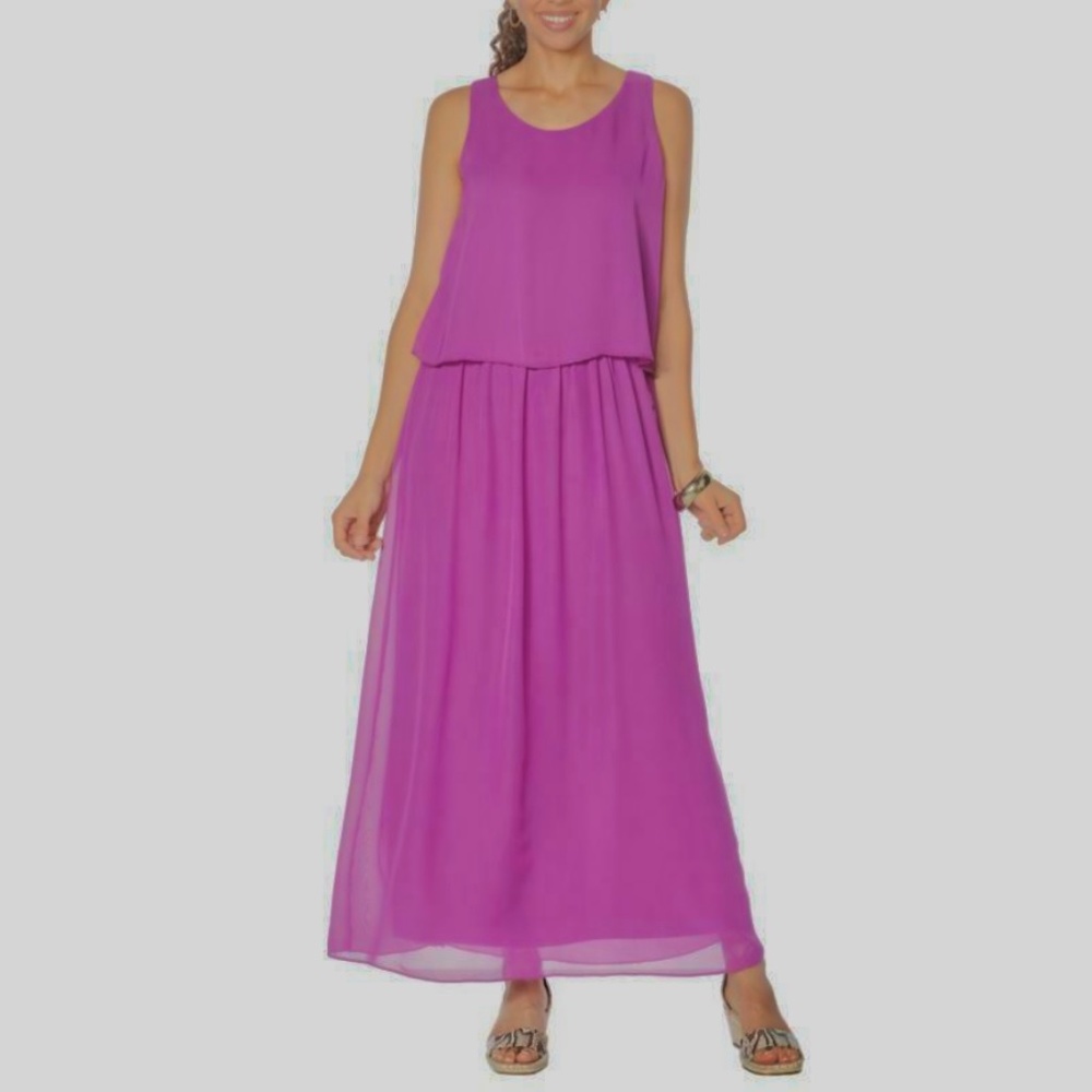 New Women’s DG2 Maxi Tank Dress Chiffon Flattering Drape Flowy Lined XS Magenta